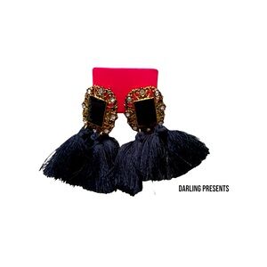 Gemstone Crystal Tassel Drop Earrings Women Color Black & Gold